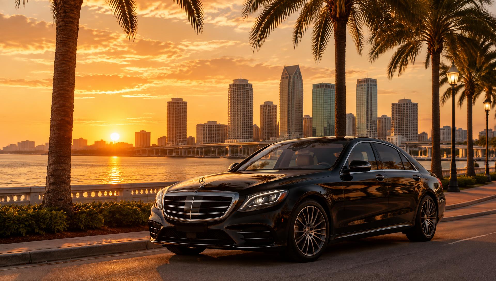 Black luxury sedan on the Tampa bayfront at golden hour with the downtown skyline behind
